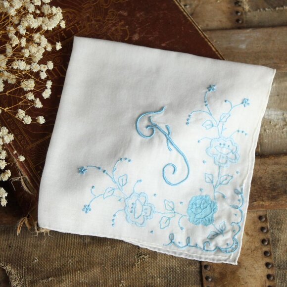 Vintage Handkerchief in White Cotton, Monogrammed with F in Blue, Hankie Pocket - Picture 1 of 10